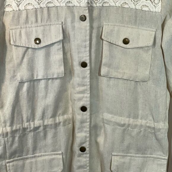 Mystree Snap Front Embroidery Jacket Womens MediumTan Pockets Tie Waist Long Slv - Picture 4 of 8